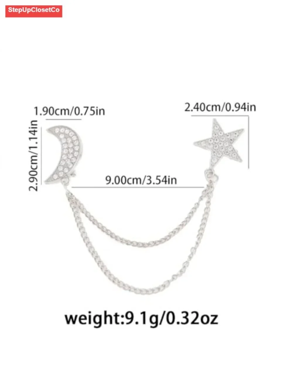 Gold Tassel Chain Brooch Double Pin Star Moon Crystal Rhinestone Suit Coat